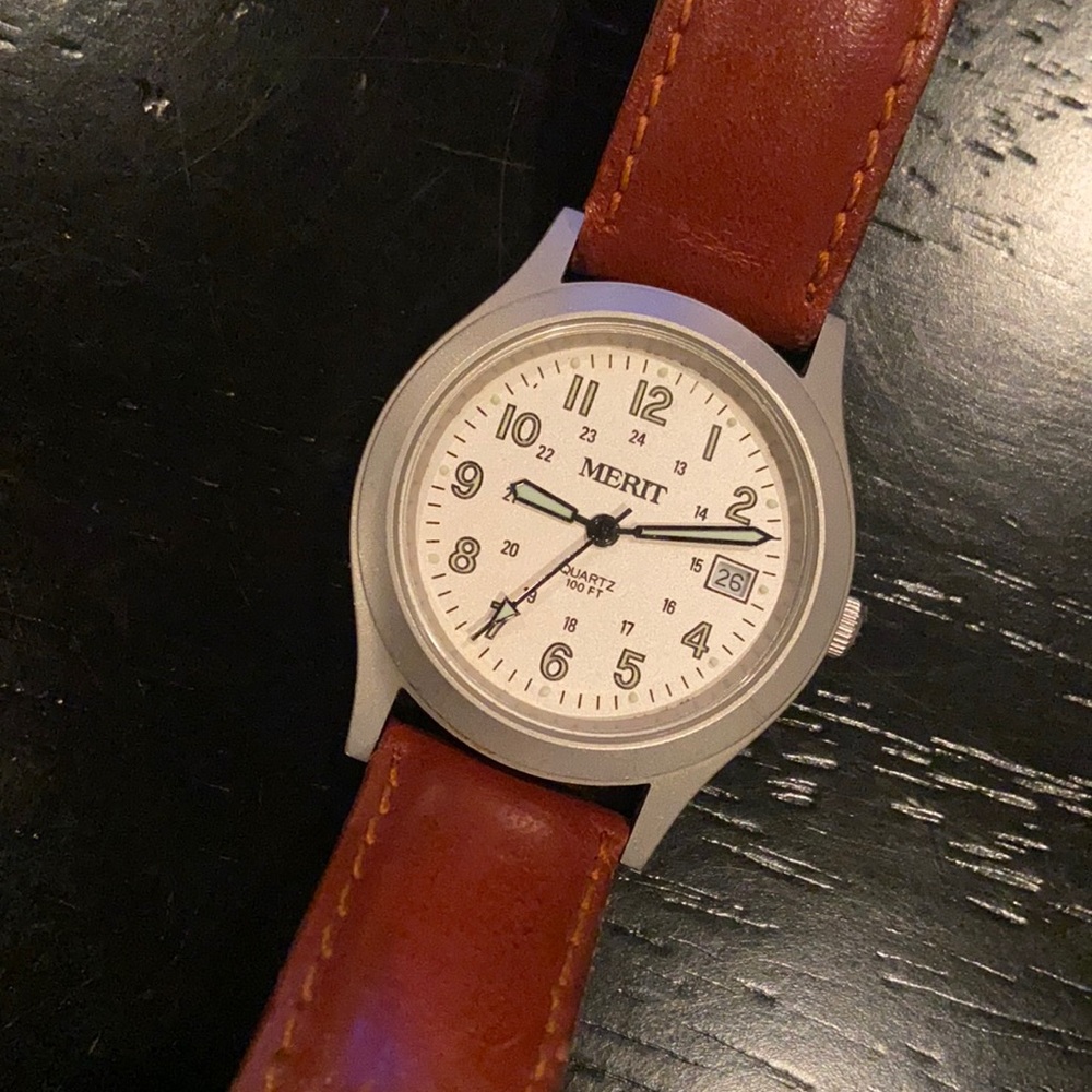 Vintage Merit unisex quartz watch. Brown leather band. Military style with Date.